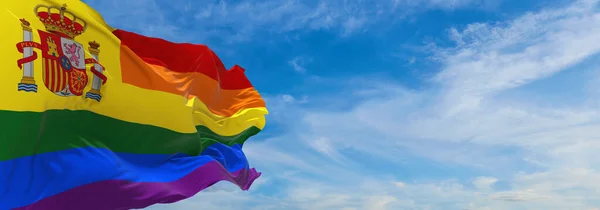 Steagul Gay Spania Fluturând Vânt Cerul Înnorat Conceptul Libertate Iubire — Fotografie, imagine de stoc