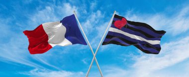 Fransa ve Leather, Latex ve BDSM gurur bayrağını rüzgarda dalgalanan bulutlu gökyüzünde aştı. İlişkiyi, diyaloğu, iki ülke arasında seyahat etmeyi sembolize ediyor. Uzayı kopyala 3d illüstrasyon