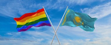 Bulutlu gökyüzünde rüzgarda dalgalanan lgbt ve Kazakistan bayrağının çapraz bayrakları. Özgürlük ve aşk kavramı. Gurur ayı. Eylemcilik, toplum ve özgürlük kavramı. Uzayı kopyala 3d illüstrasyon