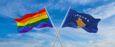bulutlu gökyüzünde rüzgarda dalgalanan lgbt ve Kosova bayrağını aştı. Özgürlük ve aşk kavramı. Gurur ayı. Eylemcilik, toplum ve özgürlük kavramı. Uzayı kopyala 3d illüstrasyon