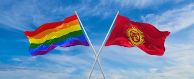 Bulutlu gökyüzünde rüzgarda dalgalanan lgbt ve Kırgızistan bayrağının çapraz bayrakları. Özgürlük ve aşk kavramı. Gurur ayı. Eylemcilik, toplum ve özgürlük kavramı. Uzayı kopyala 3d illüstrasyon
