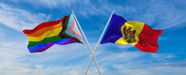 İlerlemenin bayraklarını aştı lgbt gururu ve Moldova bayrağı bulutlu gökyüzünde rüzgarda dalgalanıyor. Özgürlük ve aşk kavramı. Gurur ayı. Eylemcilik, toplum ve özgürlük kavramı. Uzayı kopyala 3d illüstrasyon