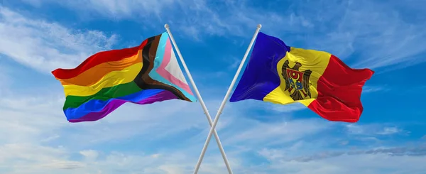 Crossed Flags Progress Lgbt Pride Moldova Flag Waving Wind Cloudy — Stockfoto