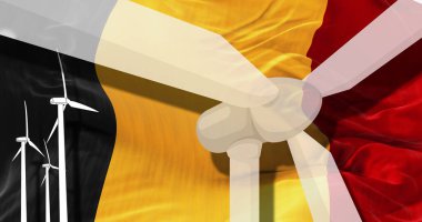 Belçika bayrağının arka planında rüzgar türbinleri. sürdürülebilir kalkınma, yenilenebilir enerji, ulusal alternatif enerji çevre kavramı. 3d illüstrasyon