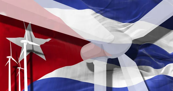 Ανεμογεννήτριες Στο Φόντο Της Σημαίας Της Κούβας Βιώσιμη Ανάπτυξη Ανανεώσιμες — Φωτογραφία Αρχείου