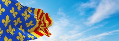 Louisiane Septentrionale Departmanı bayrağı, Fransa 'nın bulutlu gökyüzü arka planında, günbatımında, panoramik manzara. Fransız seyahati ve vatanseverlik kavramı. Geniş afiş afiş için boşluk kopyala