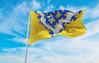 Val d 'Oise' in bayrağı, Fransa 'nın bulutlu arka planında, günbatımında, panoramik manzaralı. Fransız seyahati ve vatanseverlik kavramı. Geniş afiş afiş için boşluk kopyala