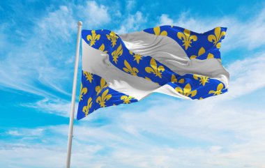 Günbatımında bulutlu arka planda, Fransa, Yvelines departmanı bayrağı, panoramik manzara. Fransız seyahati ve vatanseverlik kavramı. Geniş afiş afiş için boşluk kopyala. 3d illüstrasyon