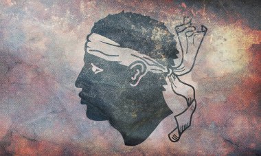 Korsika, Fransa 'nın grunge dokusuyla retrobayrağının üst görüntüsü. Fransız vatansever ve seyahat konsepti. Bayrak direği yok. Uçak tasarımı, tasarım. Bayrak arkaplanı