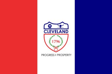 Cleveland, Ohio bayrağının en üst görüntüsü, Amerika 'nın çözülmemiş eyaletleri. ABD seyahati ve vatanseverlik kavramı. Bayrak direği yok. Uçak tasarımı, tasarım. Bayrak arkaplanı