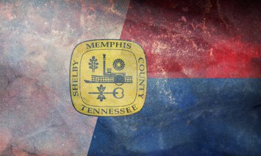 Memphis, Tennessee 'nin retro bayrağının üst görüntüsü, Amerika' nın bağsız ve grunge dokulu eyaletleri. ABD seyahati ve vatanseverlik kavramı. Bayrak direği yok. Uçak tasarımı, tasarım. Bayrak arkaplanı