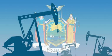 New York eyaletinin bayrağına karşı yağ pompası silueti. Ham petrol ve gaz çıkarma derecesinde. Petrol alanları ve petrol şirketleri, hidrokarbon pazarı, sanayi