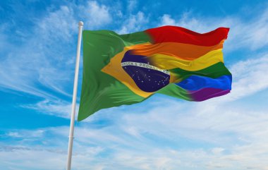 Brezilya bayrağının ulusal bayrağı bulutlu gökyüzünde rüzgarda dalgalanıyor. Özgürlük ve aşk kavramı. Gurur ayı. Eylemcilik, toplum ve özgürlük kavramı. Uzayı kopyala 3d illüstrasyon