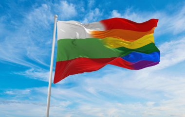 Bulgaristan 'ın ulusal lgbt bayrağı bulutlu havada rüzgarda dalgalanıyor. Özgürlük ve aşk kavramı. Gurur ayı. Eylemcilik, toplum ve özgürlük kavramı. Uzayı kopyala 3d illüstrasyon