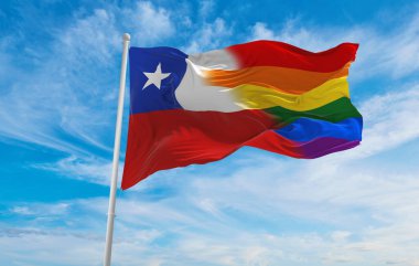 Şili bayrağının ulusal bayrağı bulutlu gökyüzünde rüzgarda dalgalanıyor. Özgürlük ve aşk kavramı. Gurur ayı. Eylemcilik, toplum ve özgürlük kavramı. Uzayı kopyala 3d illüstrasyon