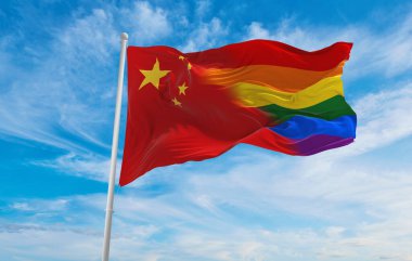 Çin bayrağının ulusal bayrağı bulutlu gökyüzünde rüzgarda dalgalanıyor. Özgürlük ve aşk kavramı. Gurur ayı. Eylemcilik, toplum ve özgürlük kavramı. Uzayı kopyala 3d illüstrasyon