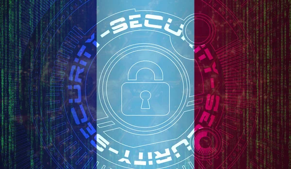 デジタル背景にフランスの国家サイバーセキュリティデータ保護 安全システムの概念 暗い旗の背景にシンボルをロック — ストック写真