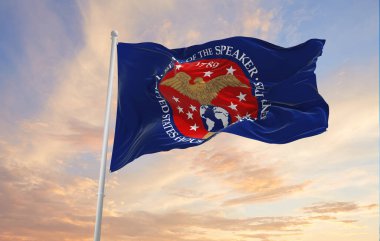 Minsk, Belarus - Mayıs 2021: Birleşik Devletler Temsilciler Meclisi Başkanı 'nın bayrağı rüzgarda sallanıyor. ABD departmanları. Uzayı kopyala 3d illüstrasyon,