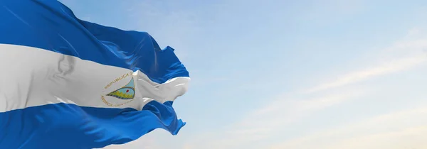 Bandera Oficial Nicaragua Cielo Nublado Fondo Puesta Del Sol Vista — Foto de Stock