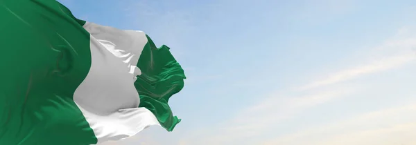Official Flag Nigeria Cloudy Sky Background Sunset Panoramic View Patriot — Stock Photo, Image