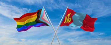 İlerlemenin bayraklarını aştı lgbt gururu ve bulutlu gökyüzünde rüzgarda dalgalanan Moğolistan bayrağı. Özgürlük ve aşk kavramı. Gurur ayı. Eylemcilik, toplum ve özgürlük kavramı. Uzayı kopyala 3d illüstrasyon