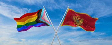 İlerleme bayraklarını aştı lgbt gururu ve Karadağ bayrağı bulutlu gökyüzünde rüzgarda dalgalanıyor. Özgürlük ve aşk kavramı. Gurur ayı. Eylemcilik, toplum ve özgürlük kavramı. Uzayı kopyala 3d illüstrasyon
