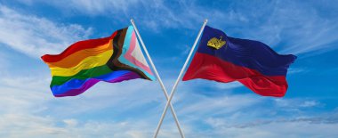 İlerlemenin bayraklarını aştı lgbt gururu ve bulutlu gökyüzünde rüzgarda sallanan Lihtenştayn. Özgürlük ve aşk kavramı. Gurur ayı. Eylemcilik, toplum ve özgürlük kavramı. Uzayı kopyala 3d illüstrasyon