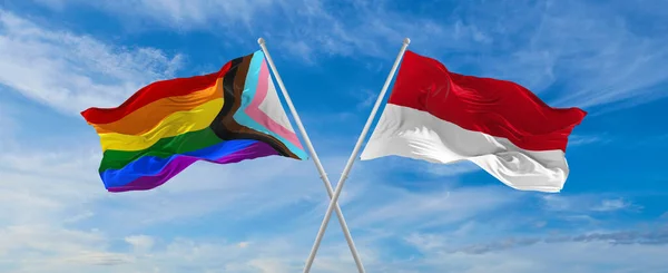 Crossed Flags Progress Lgbt Pride Monaco Flag Waving Wind Cloudy — Fotografia de Stock