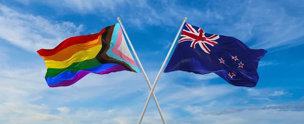 Banderas Cruzadas Progreso Orgullo Lgbt Bandera Nueva Zelanda Ondeando Viento —  Fotos de Stock