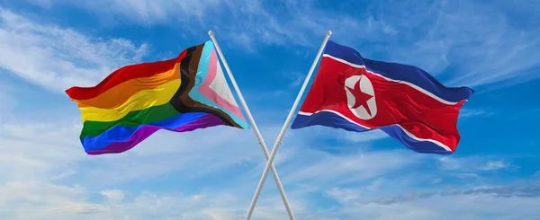 Crossed Flags Progress Lgbt Pride North Korea Flag Waving Wind — ストック写真