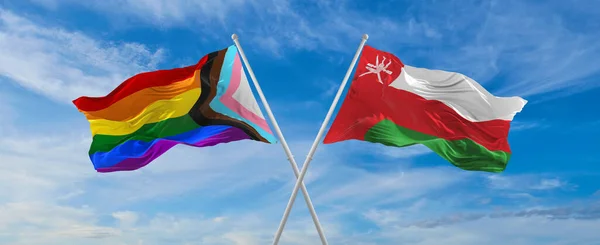 Gekruist Vlaggen Van Vooruitgang Lgbt Trots Oman Vlag Zwaaien Wind — Stockfoto