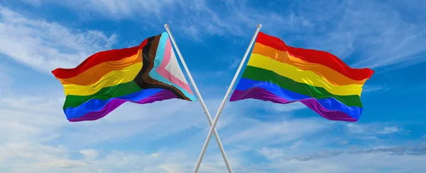 Crossed Flags Progress Lgbt Pride Lgbt Pride Flag Waving Wind — стокове фото