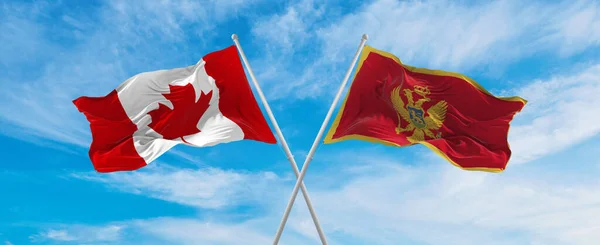 Korsade Nationella Flaggor Kanada Och Montenegro Flagga Vinka Vinden Molnig — Stockfoto