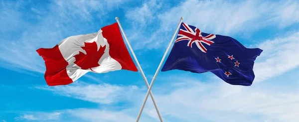 Crossed National Flags Canada New Zealand Flag Waving Wind Cloudy — Fotografia de Stock