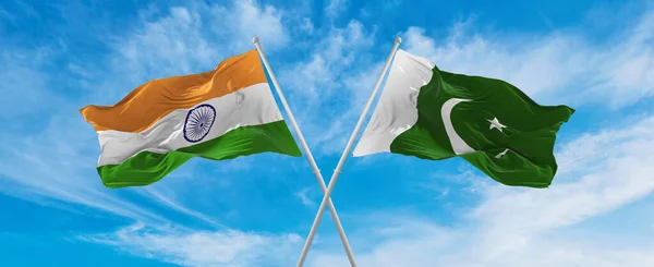 Crossed National Flags India Pakistan Flag Waving Wind Cloudy Sky — стокове фото