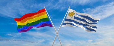 Bulutlu gökyüzünde rüzgarda dalgalanan lgbt ve Uruguay bayraklarını aştı. Özgürlük ve aşk kavramı. Gurur ayı. Eylemcilik, toplum ve özgürlük kavramı. Uzayı kopyala 3d illüstrasyon