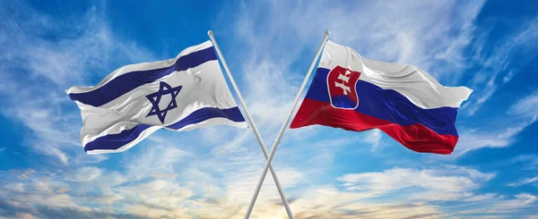 Traversé Les Drapeaux Nationaux Israël Slovaquie Agitant Dans Vent Par — Photo