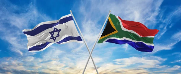 Crossed National Flags Israel South Africa Flag Waving Wind Cloudy — Stock Fotó