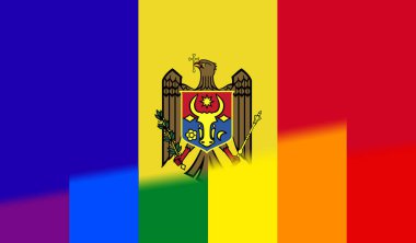 Moldova 'nın ulusal lgbt bayrağının üst görüntüsü, bayrak direği yok. Uçak tasarımı, yerleşim planı, bayrak arka planı. Özgürlük ve aşk konsepti, Gurur ayı. Eylemcilik, toplum ve özgürlük