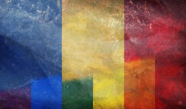 Grunge desenli, bayrak direği olmayan Romanya 'nın ulusal lgbt retro bayrağının üst görüntüsü. Uçak tasarımı, tasarım. Bayrak arkaplanı. Özgürlük ve aşk kavramı. Gurur ayı. Eylemcilik, toplum ve özgürlük
