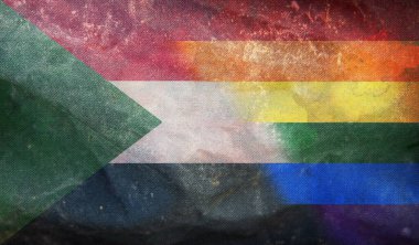 Grunge desenli, bayrak direği olmayan Sudan 'ın ulusal lgbt retro bayrağının üst görüntüsü. Uçak tasarımı, tasarım. Bayrak arkaplanı. Özgürlük ve aşk konsepti, Gurur ayı. Eylemcilik, toplum ve özgürlük