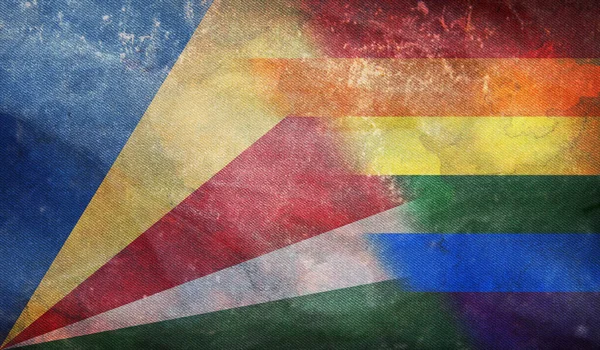Seyşeller 'in ulusal lgbt retro bayrağının grunge dokusuyla üst görüntüsü, bayrak direği yok. Uçak tasarımı, tasarım. Bayrak arkaplanı. Özgürlük ve aşk kavramı. Gurur ayı. Eylemcilik, toplum ve özgürlük