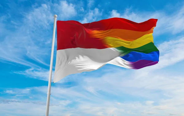 Endonezya Bayrağının Ulusal Lgbt Bayrağı Bulutlu Gökyüzünde Rüzgarda Dalgalanıyor Özgürlük — Stok fotoğraf