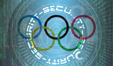 Ulusal Siber Güvenlik Uluslararası Olimpiyat Komitesi dijital arka plan veri koruması, güvenlik sistemleri kavramı üzerine. Siyah bayrak arkaplanındaki simgeyi kilitle
