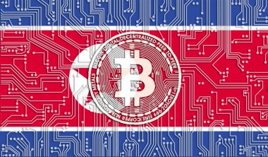 Kore 'nin Kuzey ve Bitcoin bayrağı, Birleşik Devre Kurulu modeli. Bitcoin Stok Büyümesi. Kripto para birimi ve Engelleme Teknolojisi yatırımcıları için kavramsal görüntü.