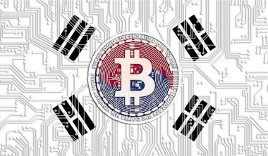 Güney Kore bayrağı ve Bitcoin, Entegre Devre Kurulu modeli. Bitcoin Stok Büyümesi. Kripto para birimi ve Engelleme Teknolojisi yatırımcıları için kavramsal görüntü.