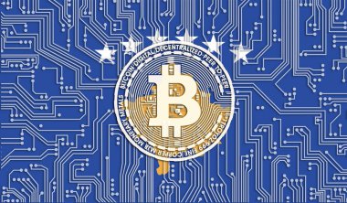 Kosova bayrağı ve Bitcoin, Entegre Devre Kurulu modeli. Bitcoin Stok Büyümesi. Kripto para birimi ve Engelleme Teknolojisi yatırımcıları için kavramsal görüntü.