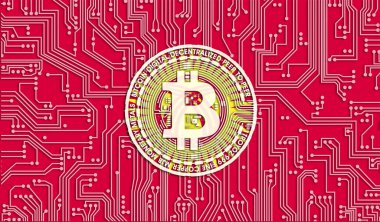 Kırgızistan ve Bitcoin bayrağı, Entegre Devre Kurulu deseni. Bitcoin Stok Büyümesi. Kripto para birimi ve Engelleme Teknolojisi yatırımcıları için kavramsal görüntü.