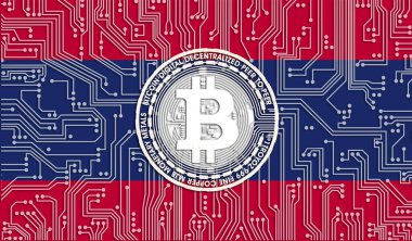Laos ve Bitcoin bayrağı, Entegre Devre Kurulu deseni. Bitcoin Stok Büyümesi. Kripto para birimi ve Engelleme Teknolojisi yatırımcıları için kavramsal görüntü.