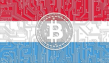 Lüksemburg ve Bitcoin bayrağı, Entegre Devre Kurulu deseni. Bitcoin Stok Büyümesi. Kripto para birimi ve Engelleme Teknolojisi yatırımcıları için kavramsal görüntü.